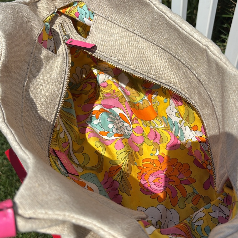 Kate Spade Linen and Hot Pink Satchel, 16” x 9” x 7”, Clean - Picture 6 of 8